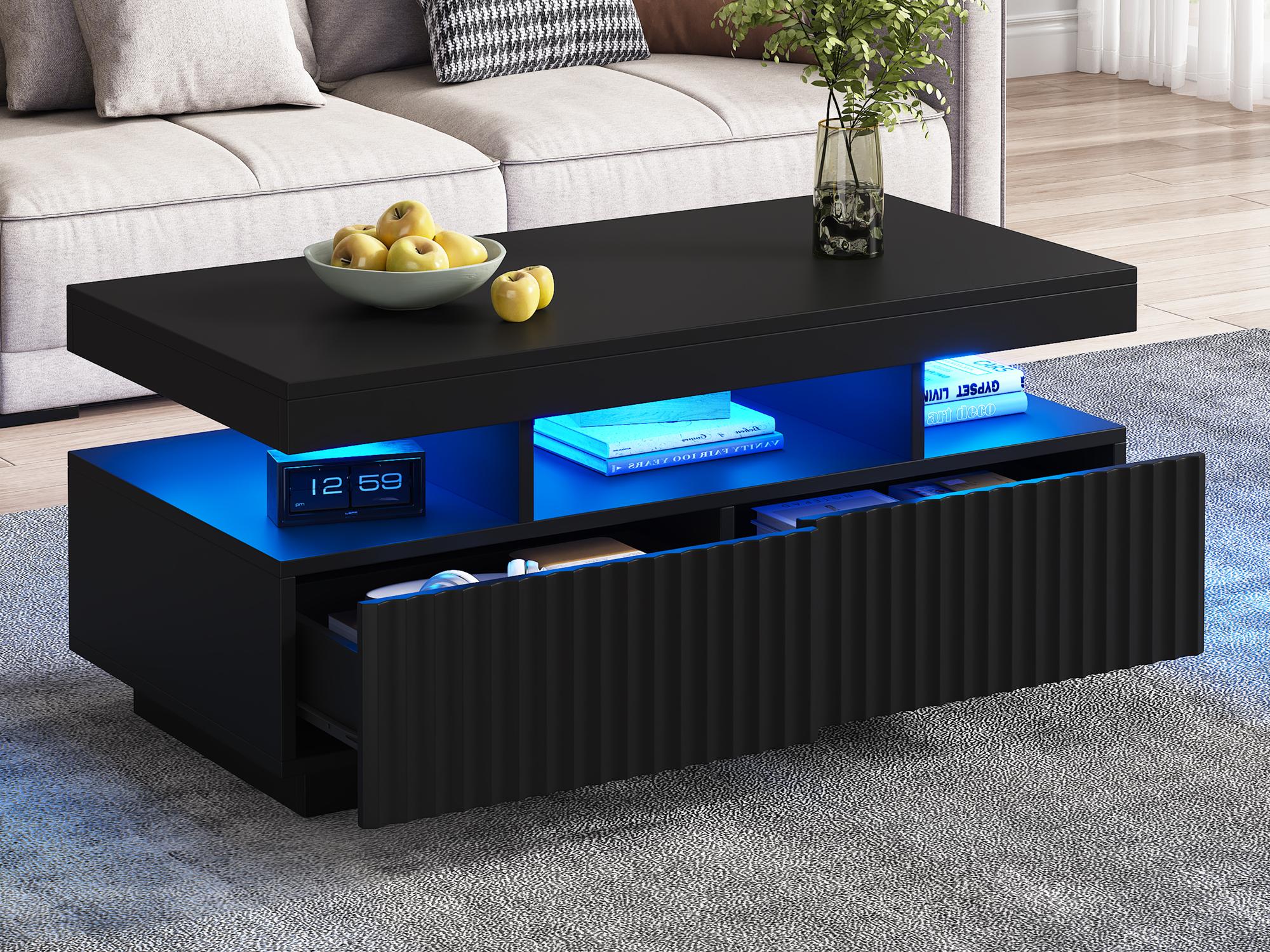 Stolik kawowy 100x50x45cm - z oświetleniem LED - 2 szuflady - Otwarta przestrzeń do przechowywania - Płyta wiórowa - Czarny