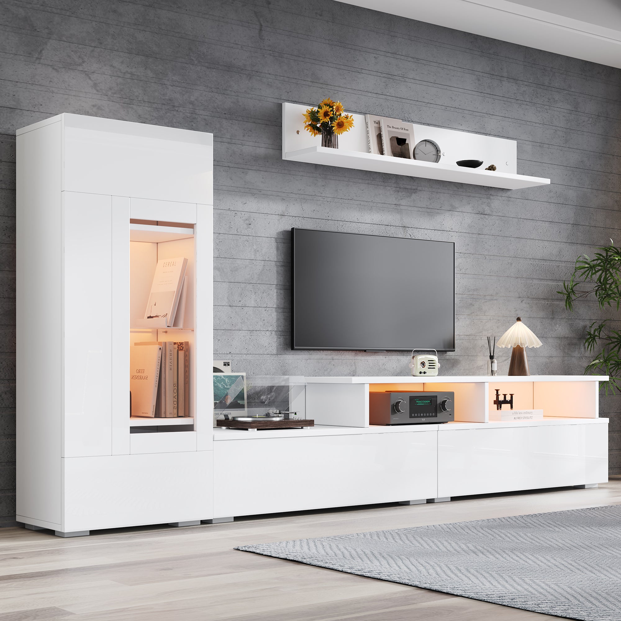 Szafka RTV + 1 witryna + 1 półka ścienna - 220 x 35 x 120 cm - Diody LED - Płyta wiórowa - Wykończenie lakierem o wysokim połysku - Kolor biały