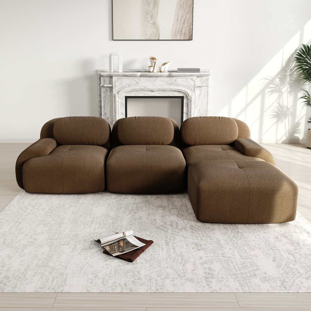Narożna sofa modułowa, nie wymaga montażu, ergonomiczna, tapicerka z kordu, przyjazna dla zwierząt, wypełnienie 32D