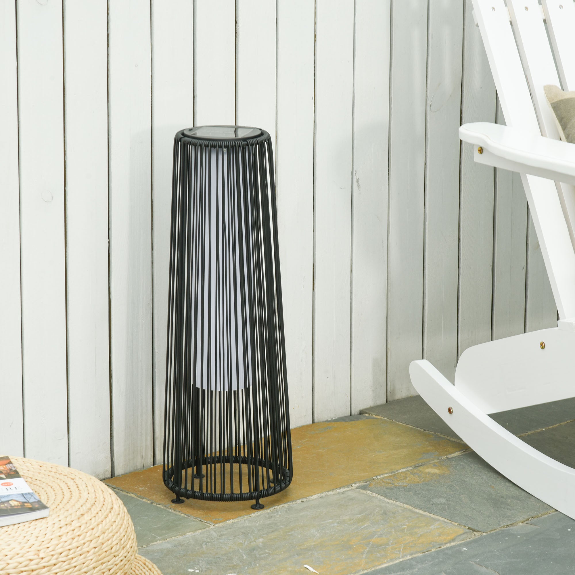 Solarna lampa ogrodowa LED z czujnikiem światła, wodoodporna, rattanowa, czarna, 61 cm, do ogrodu i na taras