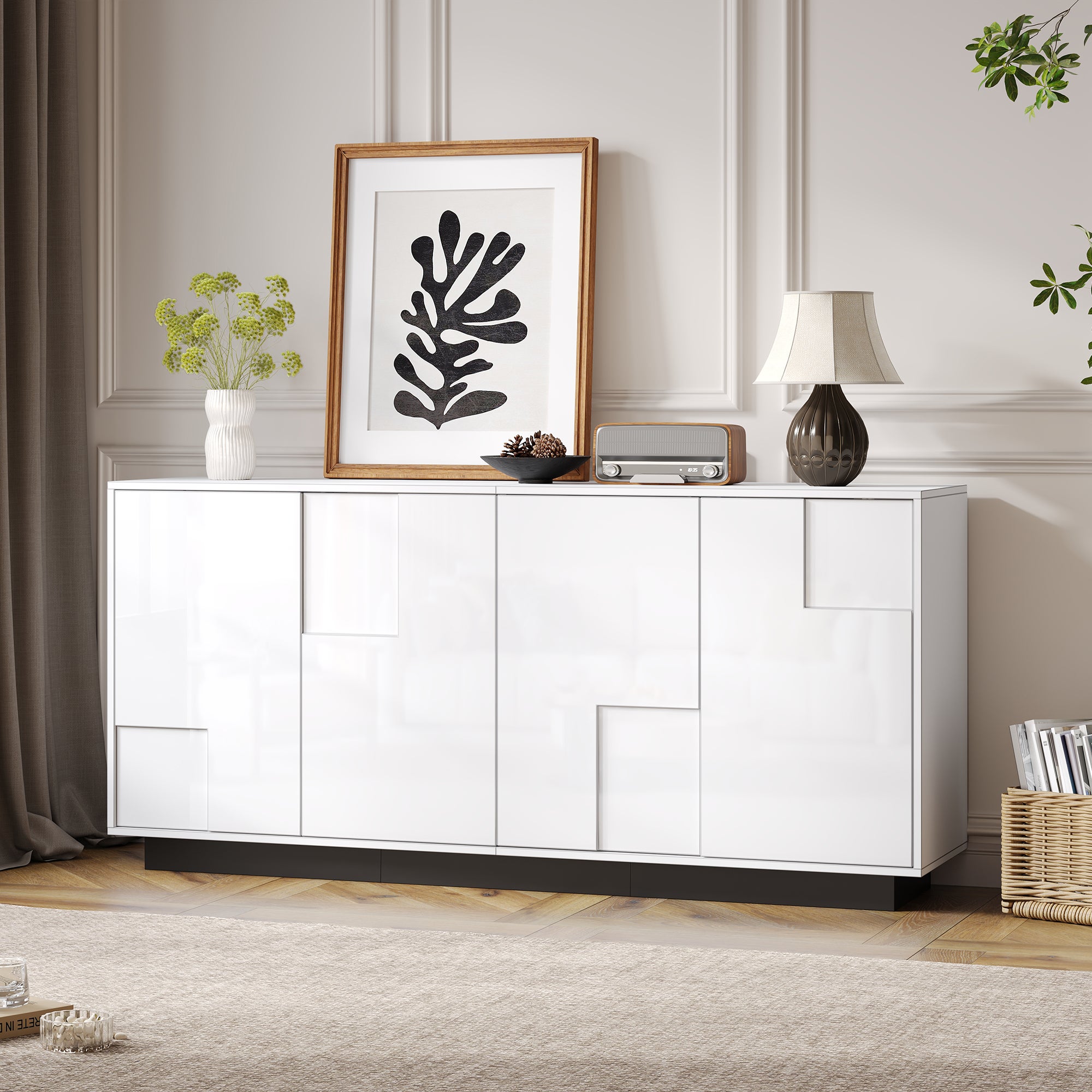 Buffet 160x37x75,5 cm - z 4 frontami - Wzór geometryczny - Płyty wiórowe - Biały