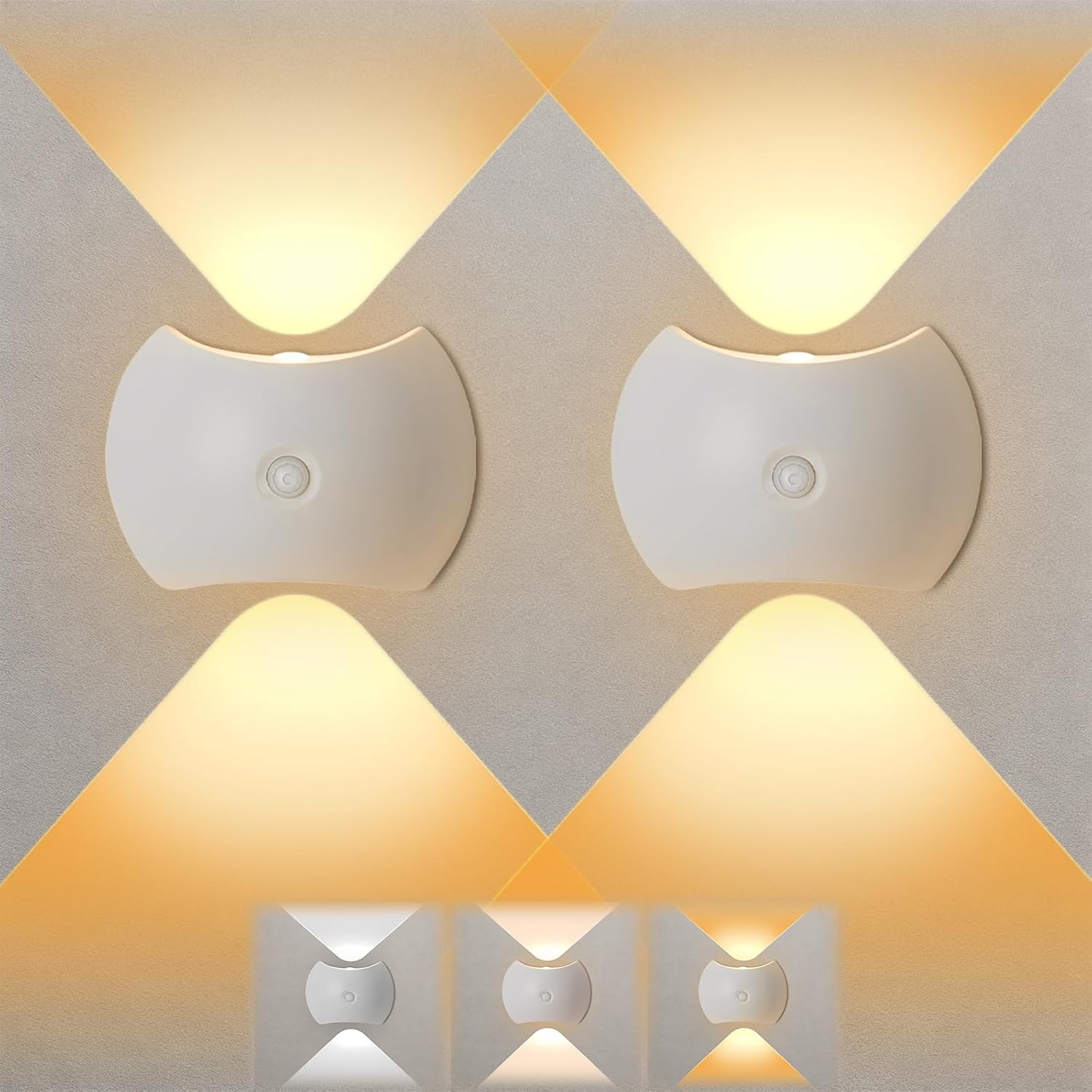 2-częściowa bezprzewodowa lampa ścienna do wnętrz z czujnikiem ruchu, 3 tryby, 3 regulowane kolory, akumulatorowa lampa ścienna LED 1200 mAh