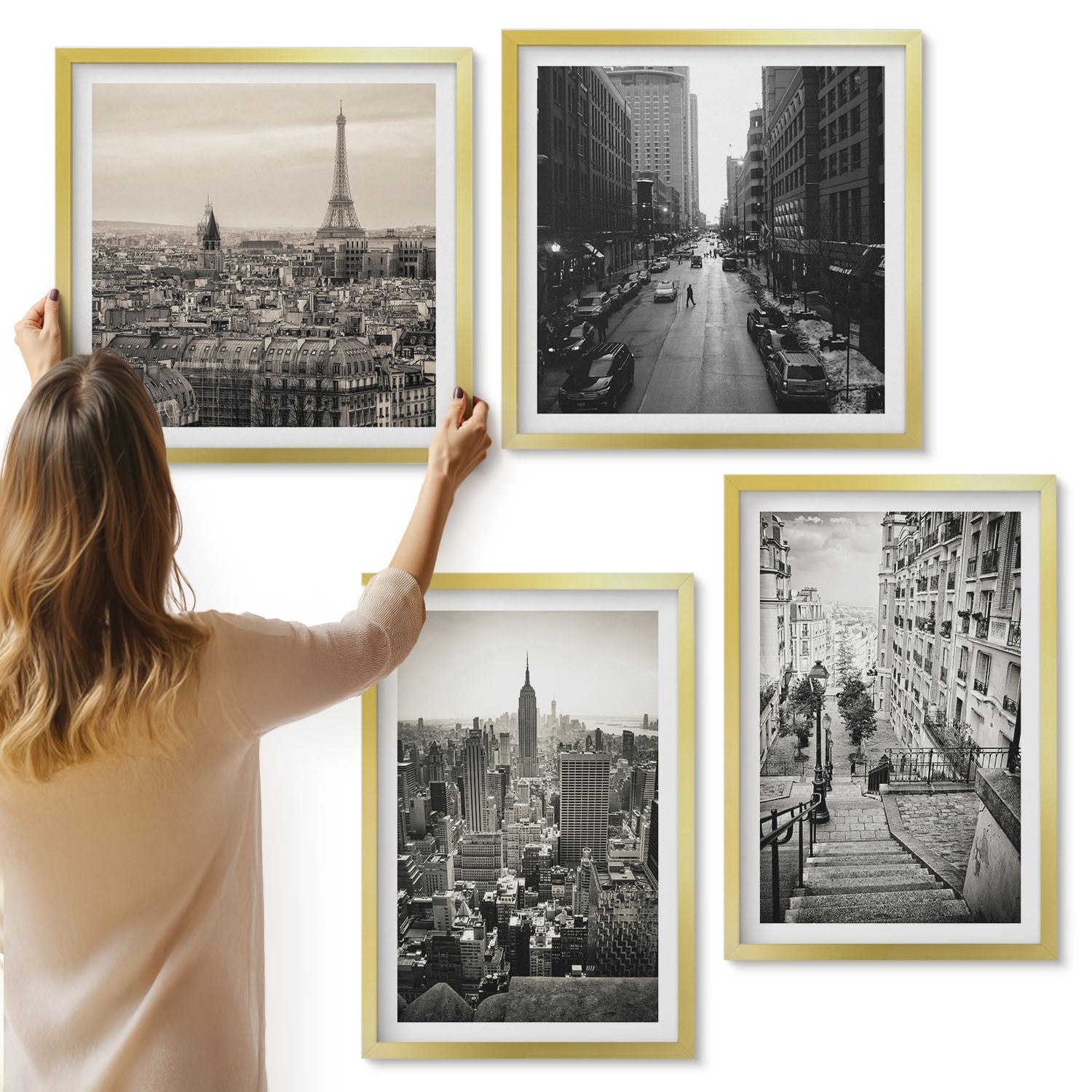 Galeria ścienna 4-częściowy komplet obrazów w złotych ramach - Widoki miast Paryż Nowy Jork i urokliwe schody - ArtPrintCave