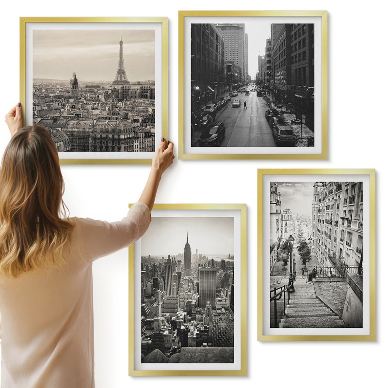 Galeria ścienna 4-częściowy komplet obrazów w złotych ramach - Widoki miast Paryż Nowy Jork i urokliwe schody - ArtPrintCave