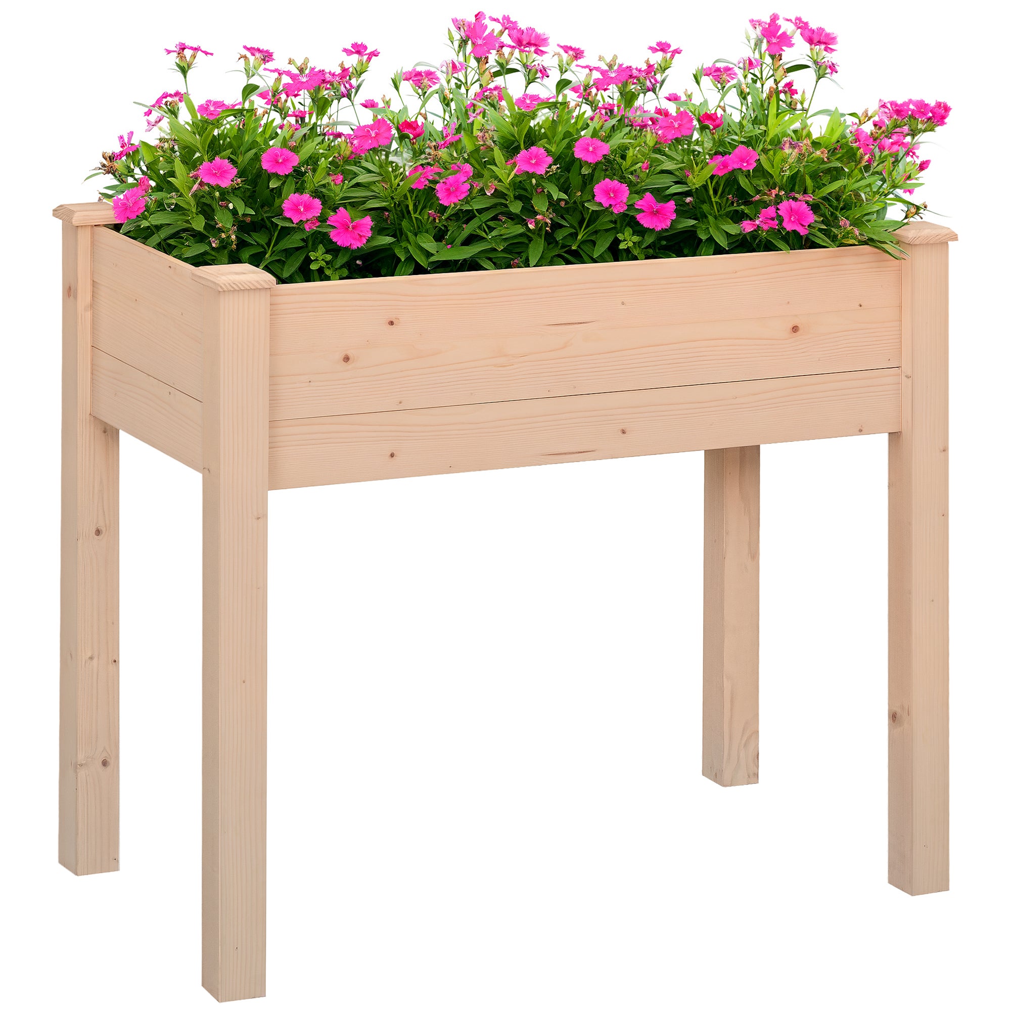 Podwyższona drewniana donica, kwadratowa, podwyższona, stojąca grządka warzywna, otwory drenażowe, tkanina włókninowa, 86x46x76, naturalne drewno