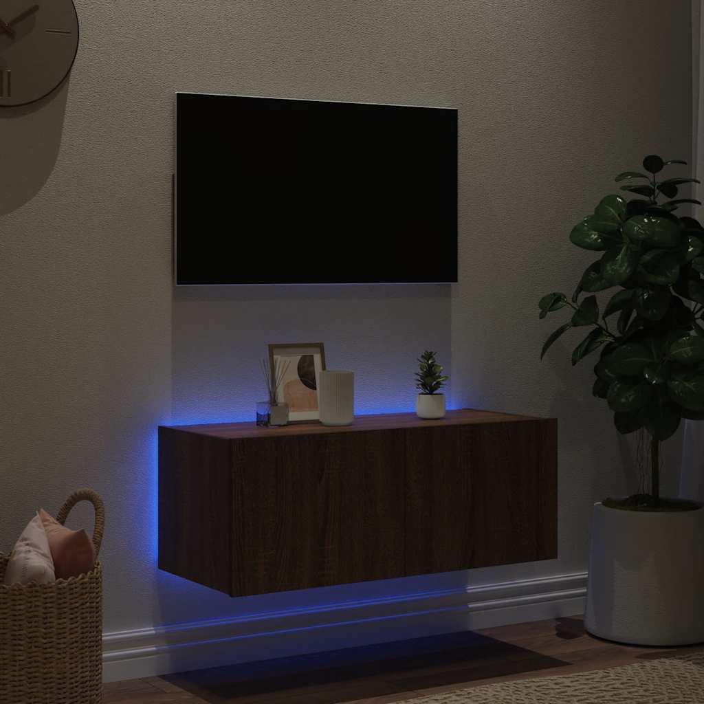Ścienna szafka TV z LED, brązowy dąb, 80x35x31 cm