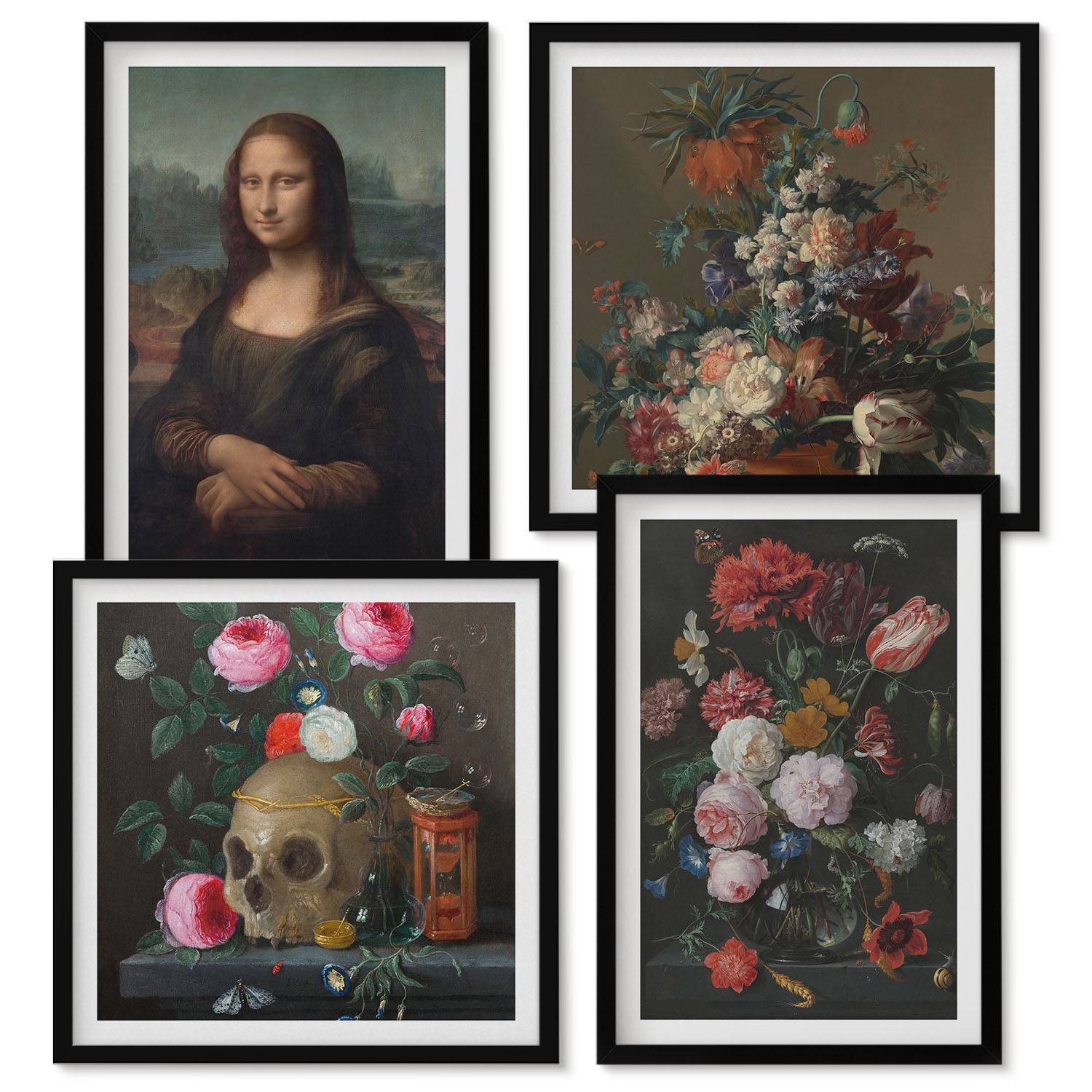 Zestaw obrazów w ramie - 4 części | Vintage kwiaty czaszka i portret Mona Lisy Leonardo da Vinci | Czarna ramka
