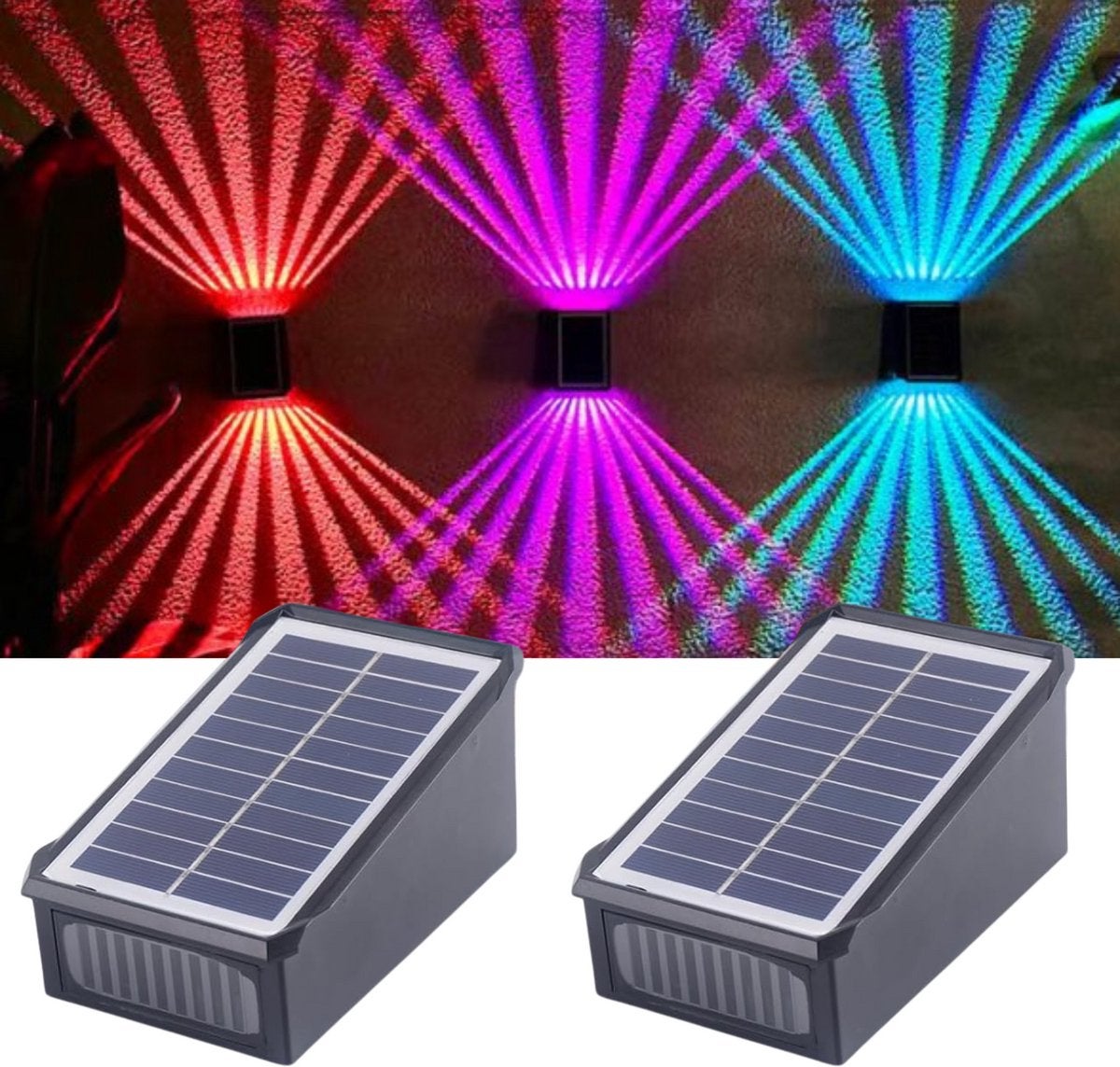 Lampy solarne ogrodowe, kinkiety z czujnikiem, oświetlenie zewnętrzne zasilane energią słoneczną, światło wielokolorowe RGB, (2 sztuki)