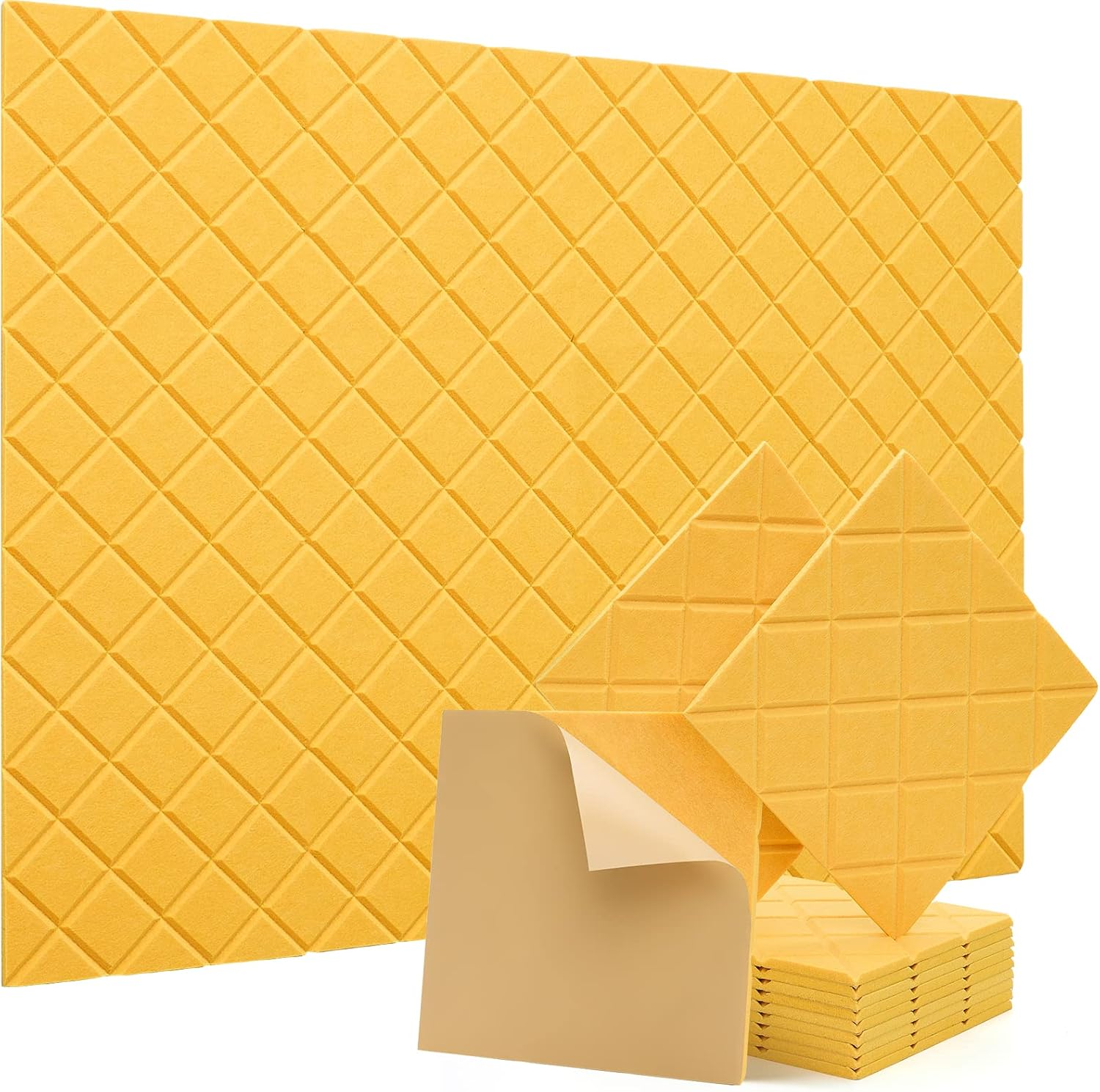 Panele akustyczne samoprzylepne, opakowanie 12 sztuk, wygłuszenie z poliesteru 30 x 30 cm, panele ścienne o wysokiej gęstości, żółte