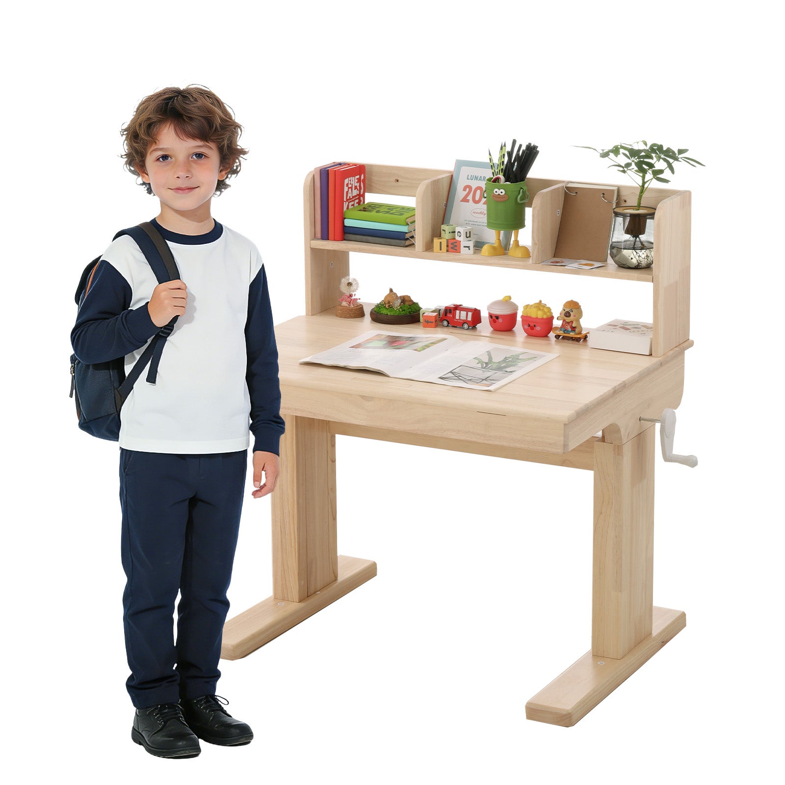 Biurko dziecięce z regulacją wysokości z korbką 80 x 60 x 89–110,5 cm z blatem odchylanym w zakresie 0–43° - Drewno lite - Naturalny