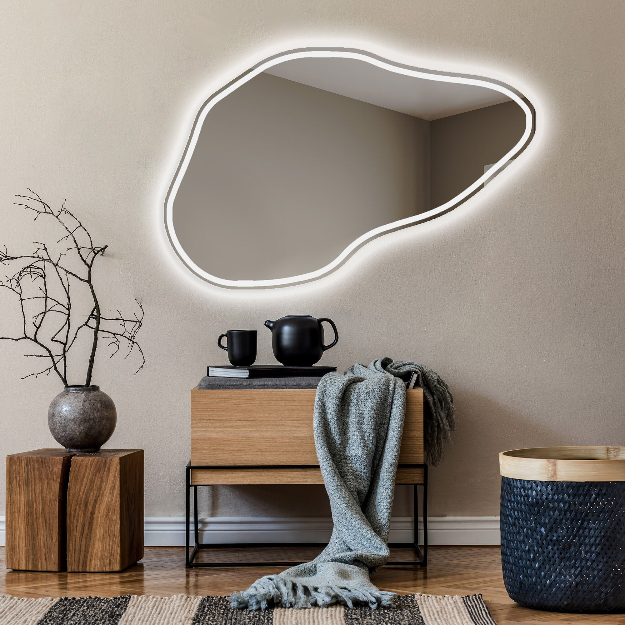 Asymetryczne Lustro z Oświetleniem LED Łazienka (99x64cm) Jasne Lustro z Oświetleniem | Chłodna Biel 7000K