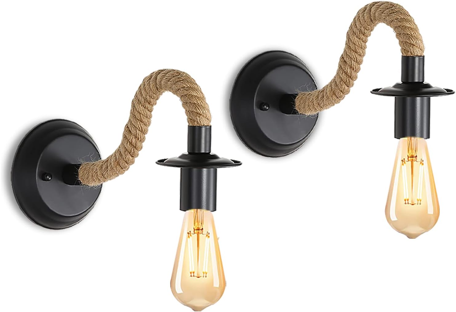 Zestaw 2 zabytkowych kinkietów, lamp ściennych z konopnej liny, oprawka E27, retro oświetlenie ścienne do wnętrz, do korytarza, loftu, sypialni, kawi