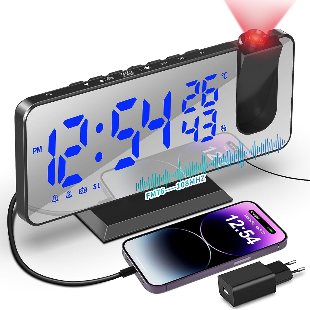sztuka (niebieskie znaki) wielofunkcyjny budzik radiowy z projektorem temperatury i wilgotności kreatywny zegar elektroniczny z lustrem LED zegar cyfr