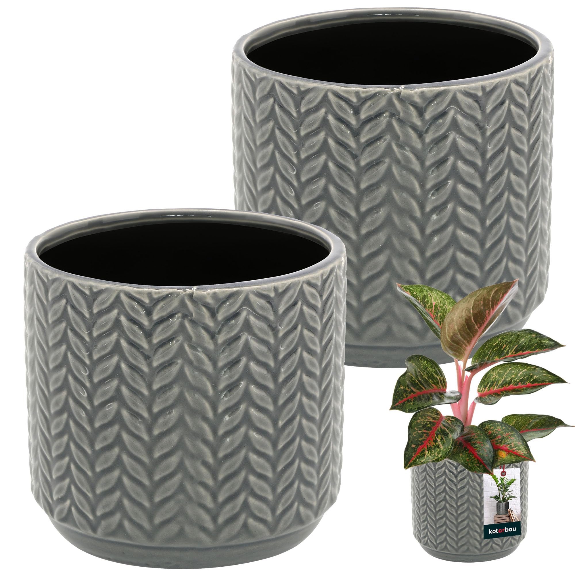 Doniczka ceramiczna szkliwiona okrągła na kwiaty 12 cm zestaw 2 szt. - Kolor szary - KOTARBAU