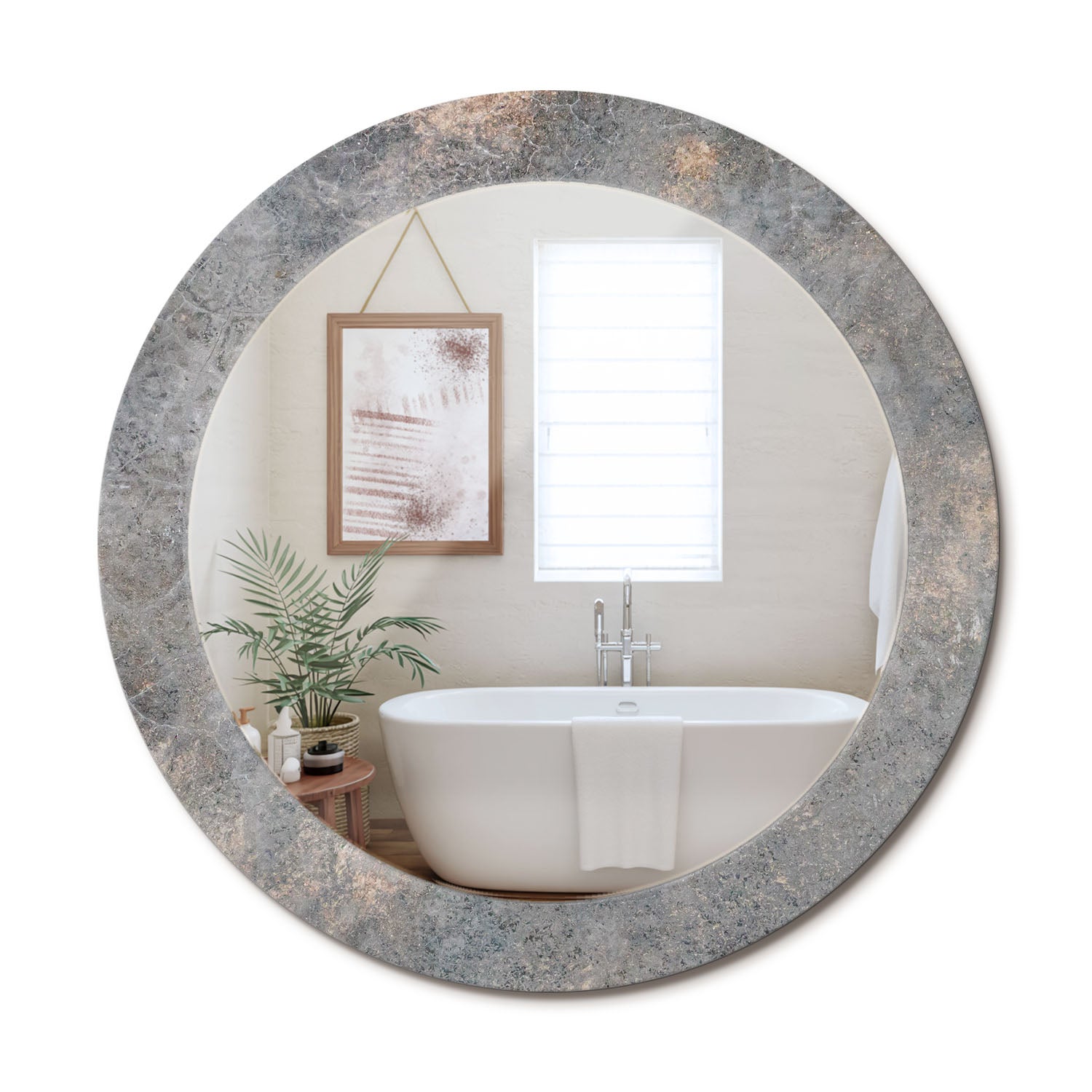 Eleganckie lustro ścienne – okrągła forma, szklana rama z grafiką Vintage beton - 70 cm - ArtPrintCave