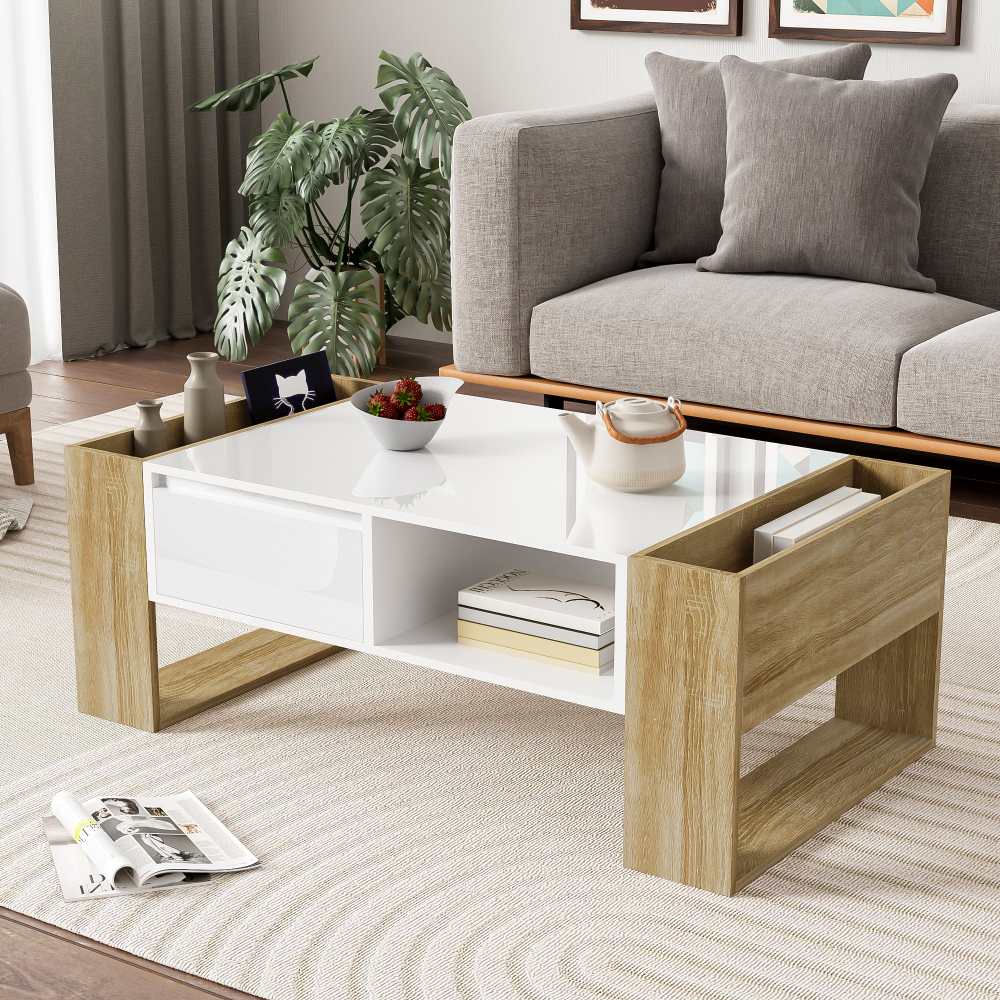 Nowoczesny stolik kawowy 105x60x40 cm, połyskujący, biały, z szufladami i otwartą przestrzenią do przechowywania, elegancki i praktyczny
