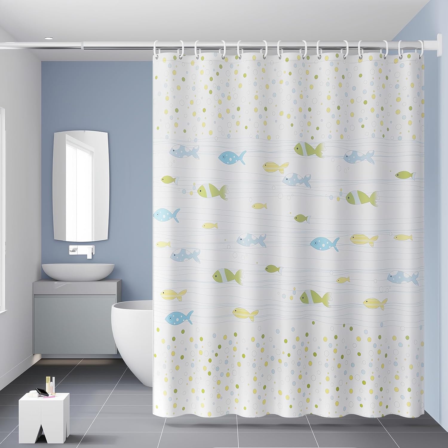 200 x 180 cm - Zasłona prysznicowa z motywem ryby, odporna na pleśń - Nowoczesny wzór - Wykonana z wodoodpornego materiału PEVA - Z 12 haczykami