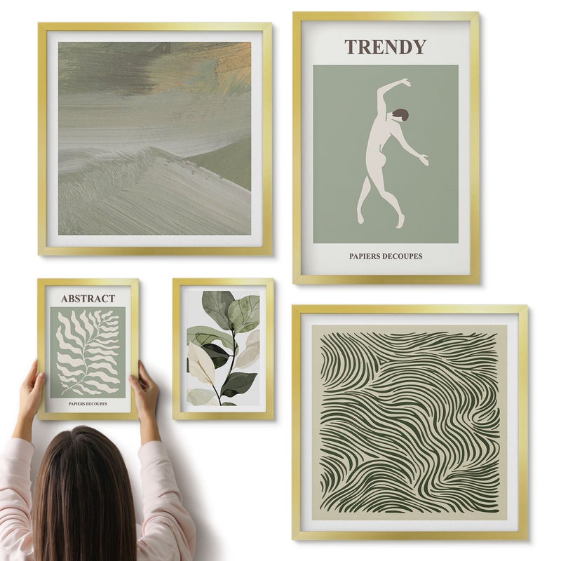 Galeria ścienna 5-częściowy komplet obrazów w złotych ramach - Stylowe grafiki z abstrakcyjnymi motywami roślinnymi - ArtPrintCave